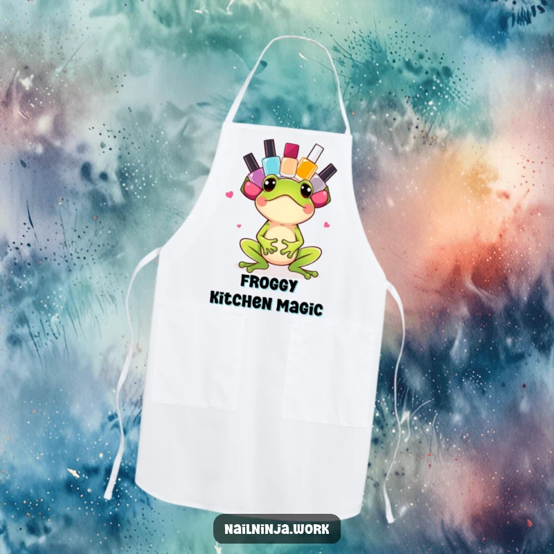 Funny excited green frog balancing colorful nail polish bottles on its head, on a functional apron.