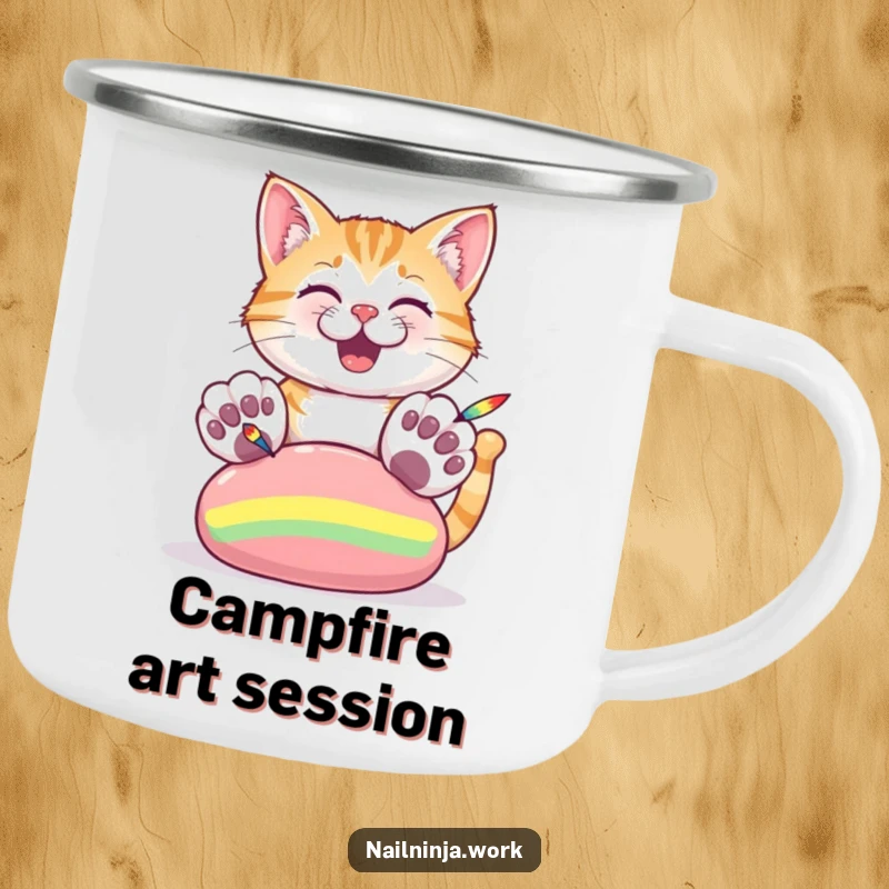 Funny camping mug featuring a cheerful cat with oversized paws painting stripes on a large nail.