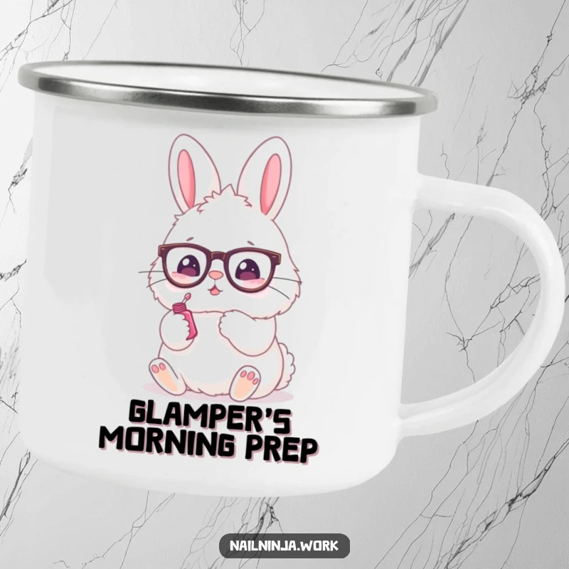 Funny camping mug featuring a fluffy bunny with spectacles painting its nails, perfect for outdoor fun.
