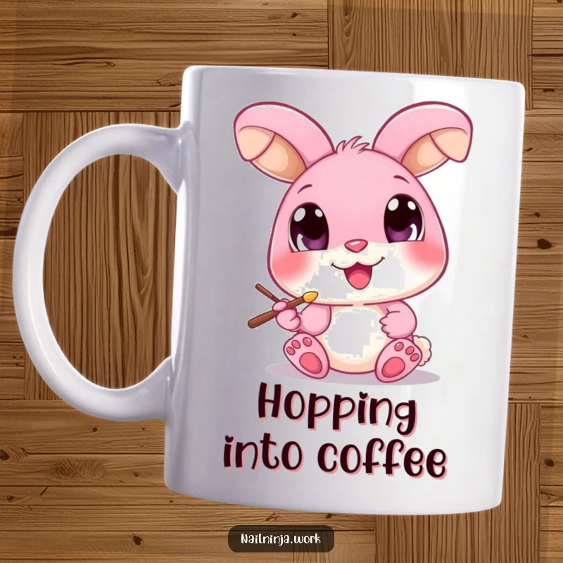 Funny pink bunny with big eyes, painting a toenail with a brush, on a mug, looking content.