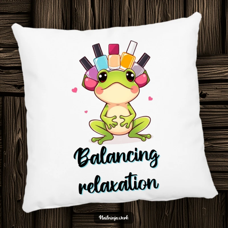Funny excited green frog balancing nail polish bottles on its head, on a decorative pillow.