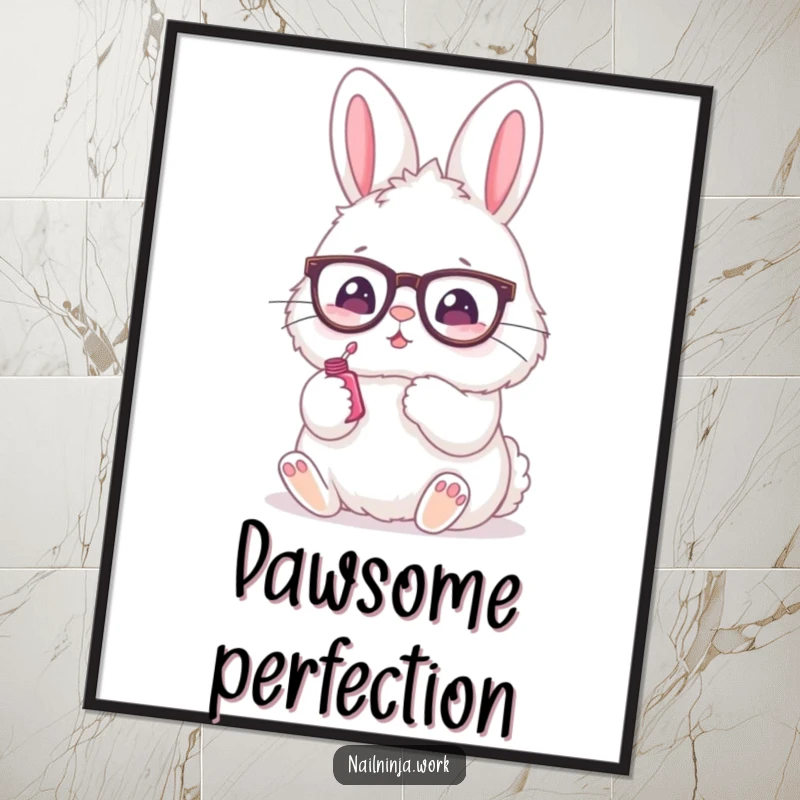 Funny digital art print of a fluffy bunny wearing spectacles and painting its nails, cute decor.