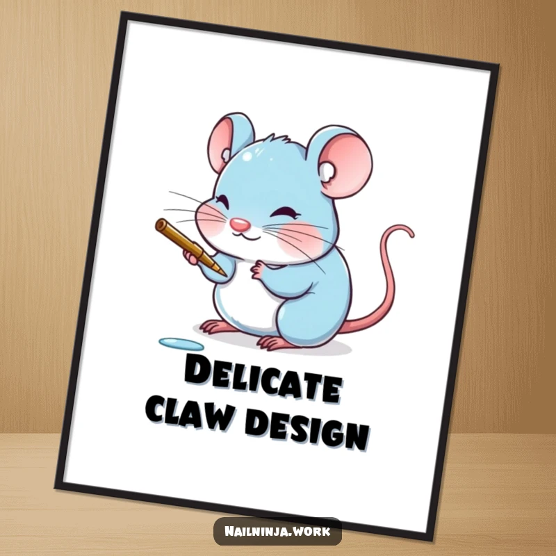 Funny blushing blue mouse painting a tiny claw with a delicate stroke, as a digital art print.