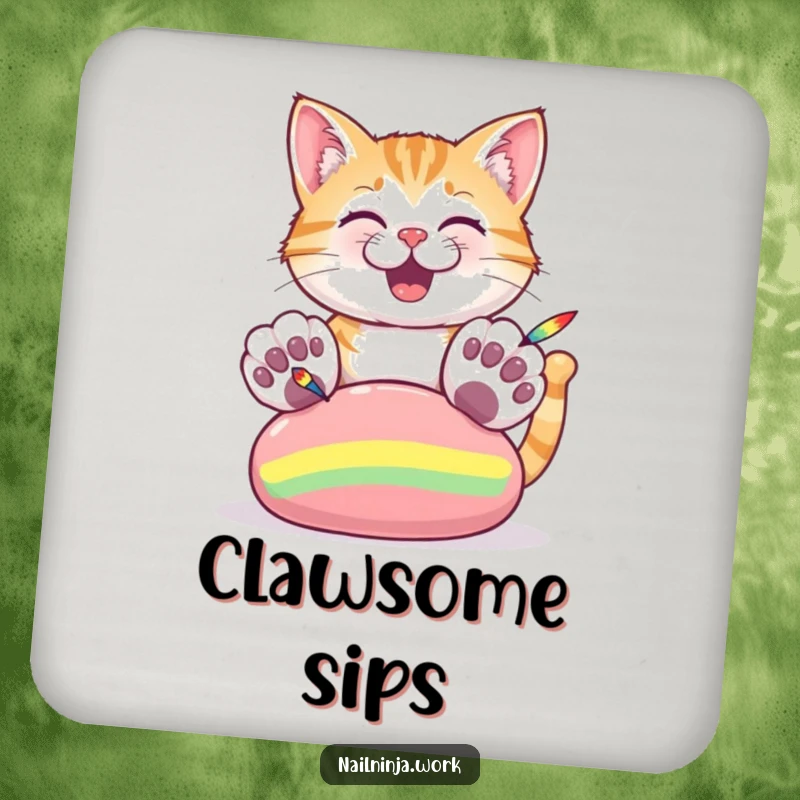 Funny drink coasters featuring a cheerful cat with big paws painting colorful stripes on a large nail.