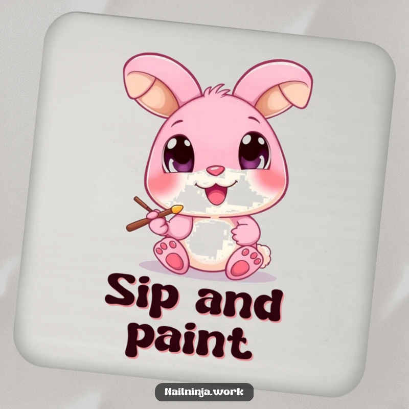 Funny pink bunny with big eyes, painting a toenail with a brush, on a drink coaster.
