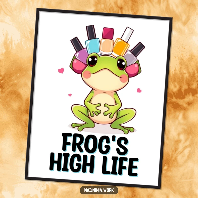 Funny excited green frog balancing colorful nail polish bottles on its head, on a decorative poster.