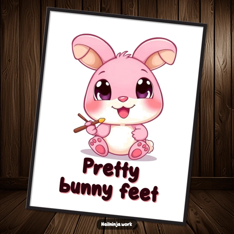 Funny pink bunny with oversized eyes, painting a toenail with a brush, displayed as wall art.