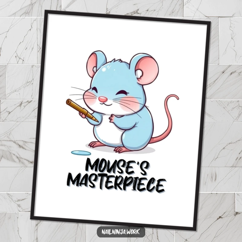 Funny blushing blue mouse painting a tiny claw with a delicate stroke, on a decorative poster.