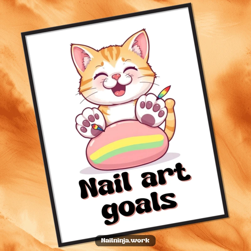 Funny poster of a cheerful cat with oversized paws painting colorful stripes on a large nail.
