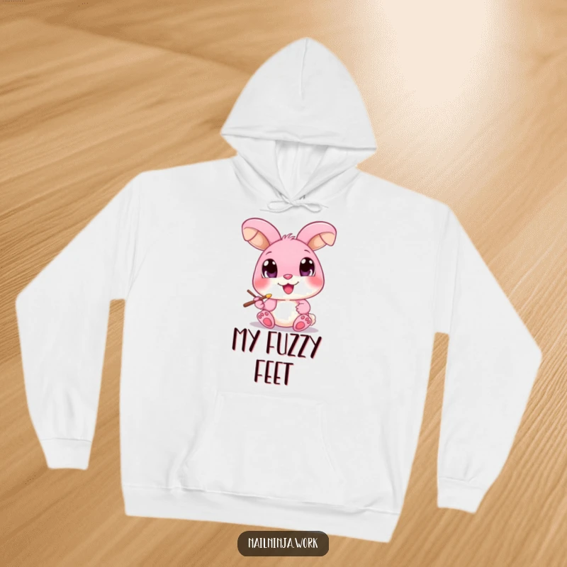 Funny pink bunny with oversized eyes, painting a toenail with a brush, designed on a soft hoodie.