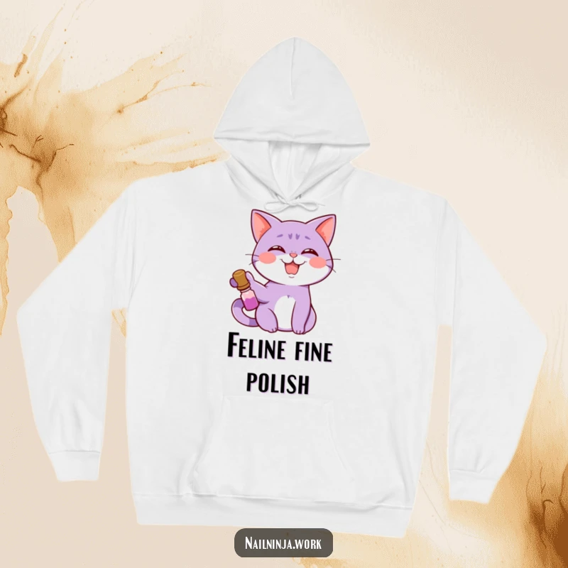 Funny giggling purple cat with a wide smile, holding nail polish, on a cozy hoodie.