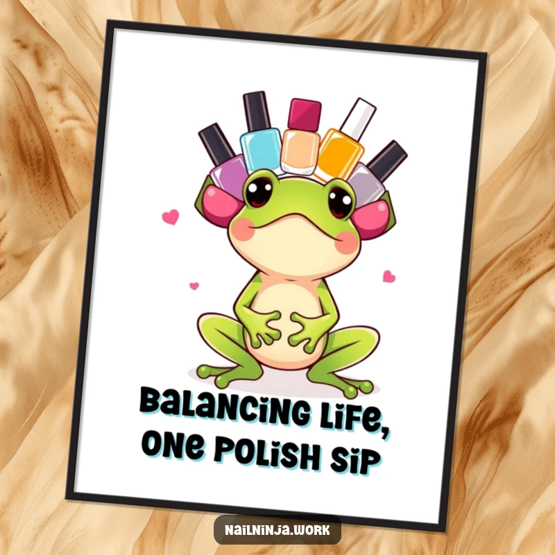 Funny Free Printable Wall Art: An excited green frog perfectly balancing multiple colorful nail polish bottles.