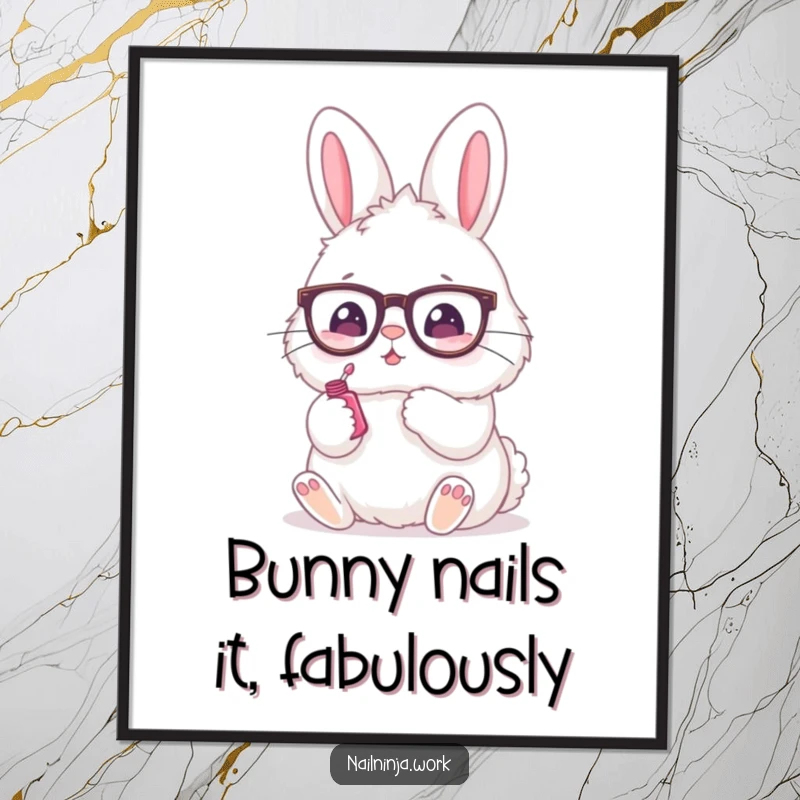 Funny Free Printable Wall Art showing a fluffy bunny with tiny glasses applying nail polish, adding a touch of whimsical beauty.