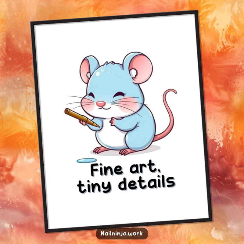 Funny Free Printable Wall Art: A cute, blushing blue mouse meticulously painting its tiny claw.