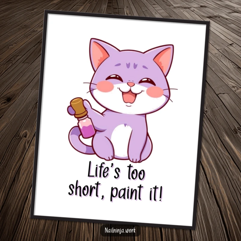 Funny Free Printable Wall Art: A giggling purple cat proudly holding a tiny nail lacquer bottle.