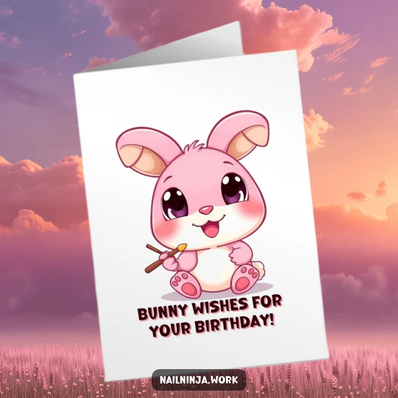 Funny Free Printable Birthday Card: Pink bunny happily painting a tiny toenail with a brush.