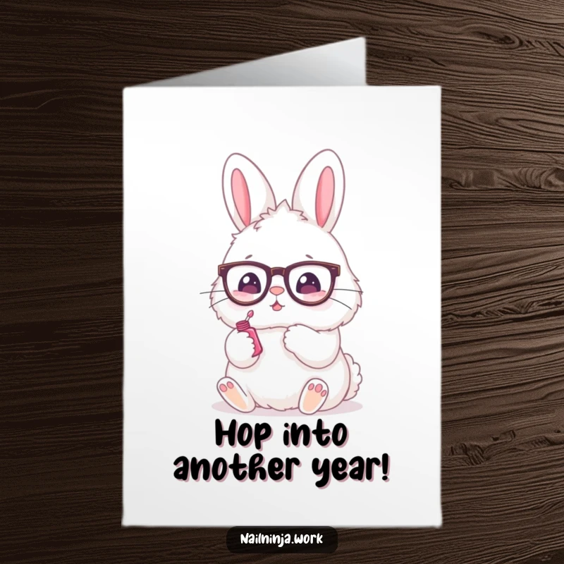 Funny Free Printable Birthday Card showing a cute bunny with spectacles meticulously painting a nail with polish, perfect for beauty lovers.