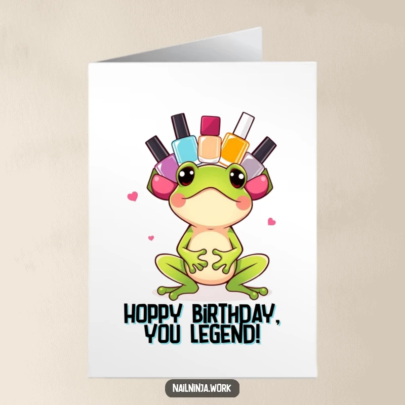 Funny Free Printable Birthday Card: Green frog excitedly balancing colorful polish bottles on its head.