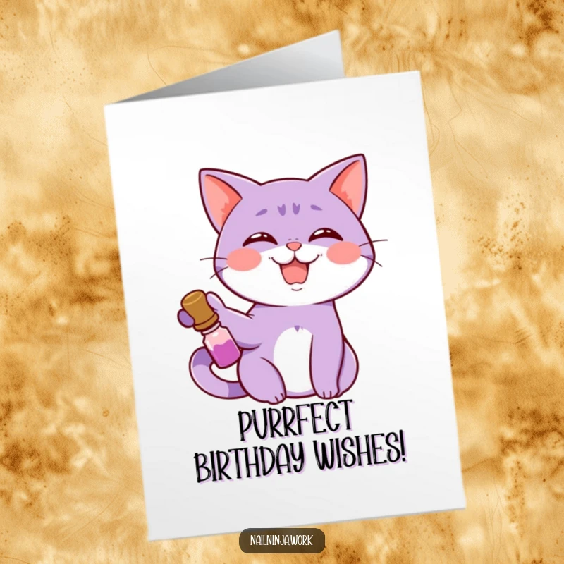 Funny Free Printable Birthday Card: A giggling purple cat holding a nail polish bottle with a smile.