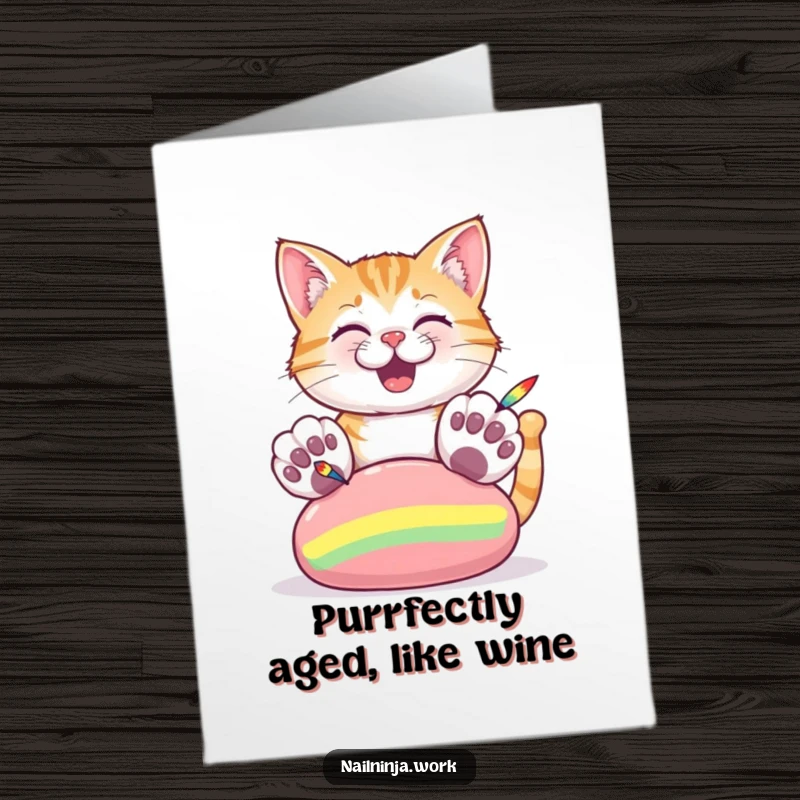 Funny Free Printable Birthday Card featuring a cheerful cat with huge paws painting colorful stripes on a giant nail, celebrating artistic flair.