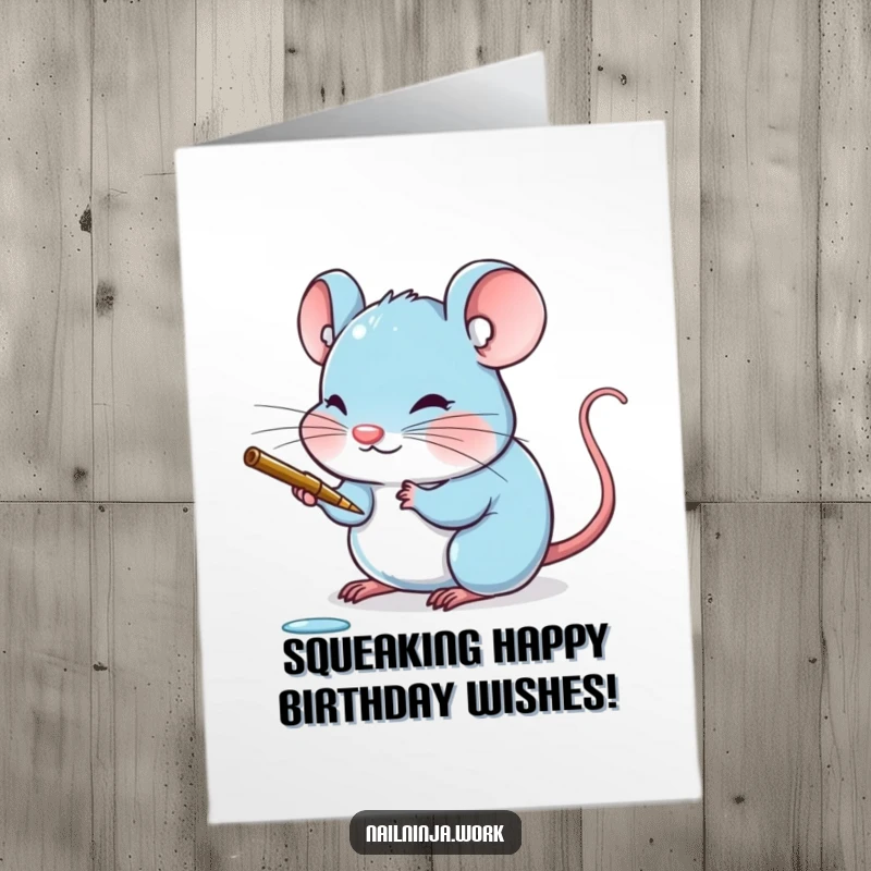 Funny Free Printable Birthday Card: A blushing blue mouse delicately painting a tiny claw.