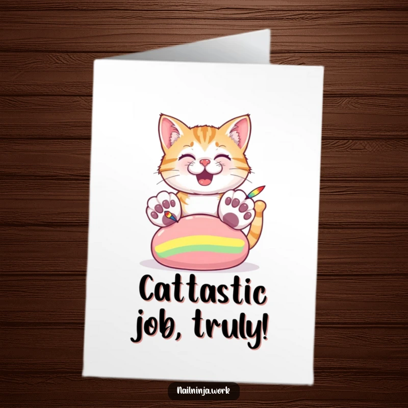 Funny Free Printable Congratulations Card of a cat artist painting stripes on a large nail, perfect for celebrating great accomplishments.