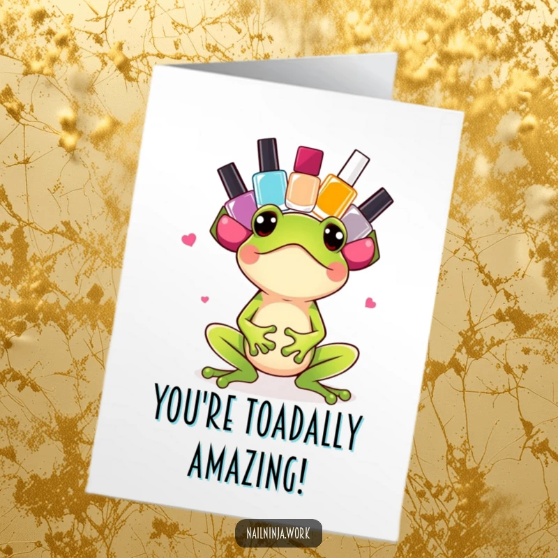 Funny Free Printable Congratulations Card: An excited green frog balancing a stack of polish bottles.