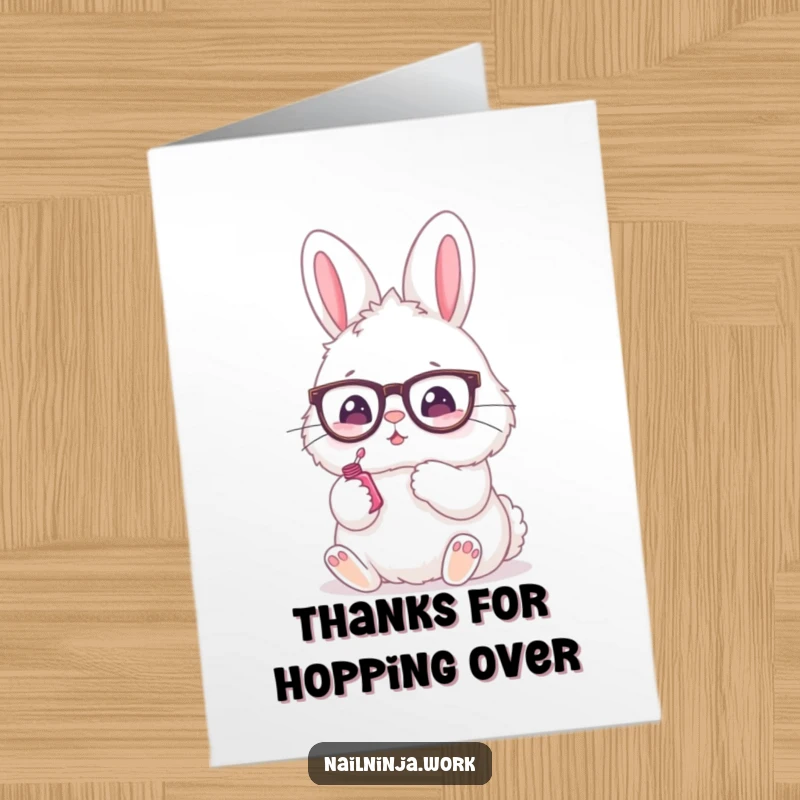Funny Free Printable Thank You Card with a spectacle-wearing bunny painting a nail, conveying thanks with a playful, fashionable flair.