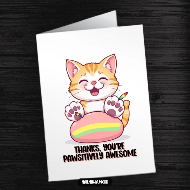 Funny Free Printable Thank You Card showing a cat artist painting colorful stripes, conveying gratitude with a creative and cheerful touch.