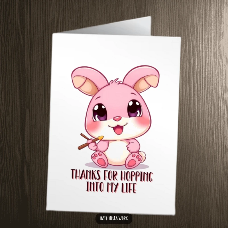 Funny Free Printable Thank You Card: A happy pink bunny focused on painting a toenail.