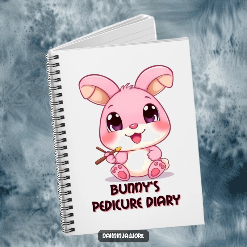 Funny pink bunny with large eyes, painting a toenail with a brush, on a notebook.