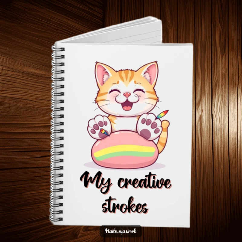 Funny notebook with a cheerful cat using its large paws to paint colorful stripes on a giant nail.