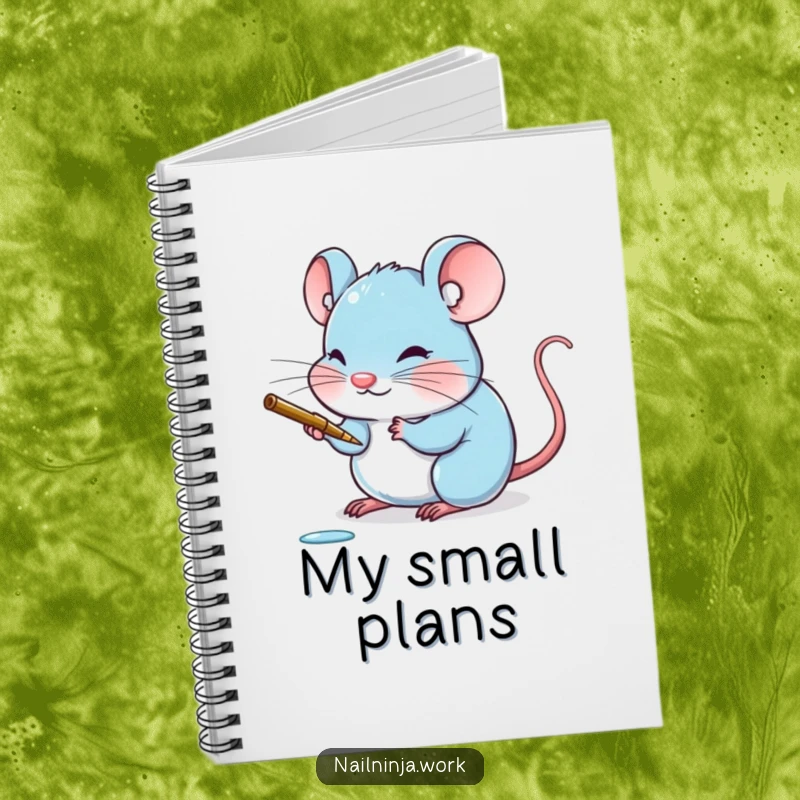 Funny blushing blue mouse painting a tiny claw with a delicate stroke, on a notebook.