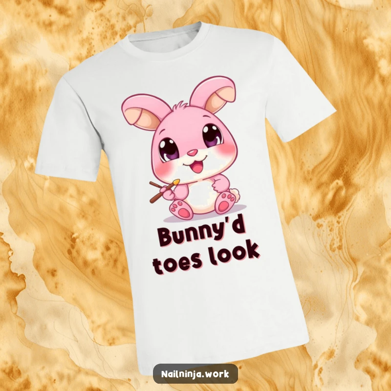 Funny cheerful pink bunny with large eyes, painting a toenail with a brush, on a t-shirt.