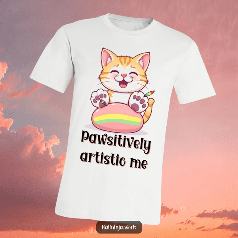 Funny t-shirt with a cheerful cat with oversized paws painting colorful stripes on a large nail.