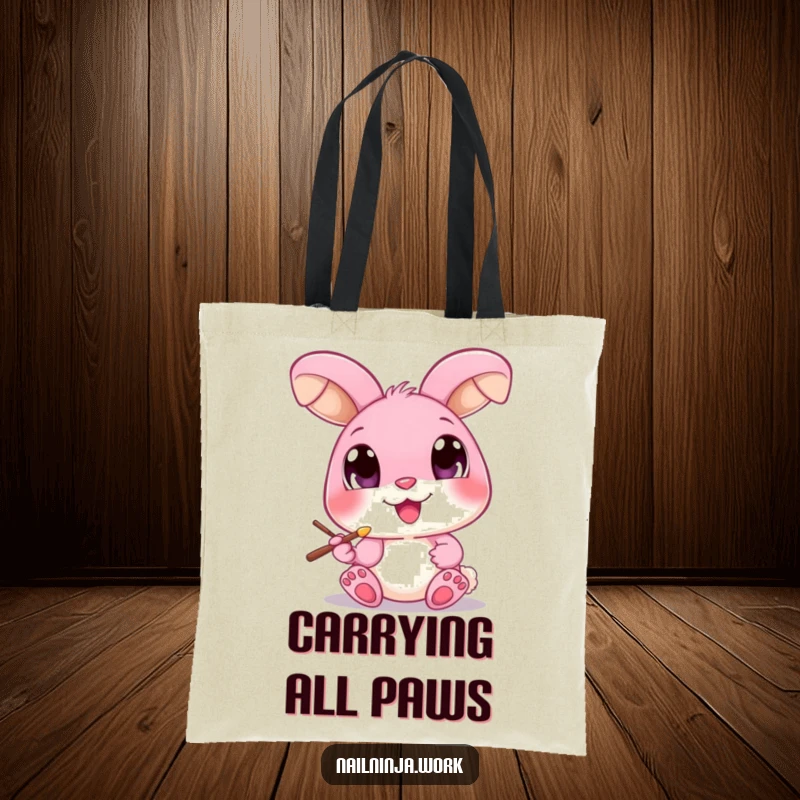 Funny pink bunny with big eyes, painting a toenail with a small brush, on a durable tote bag.