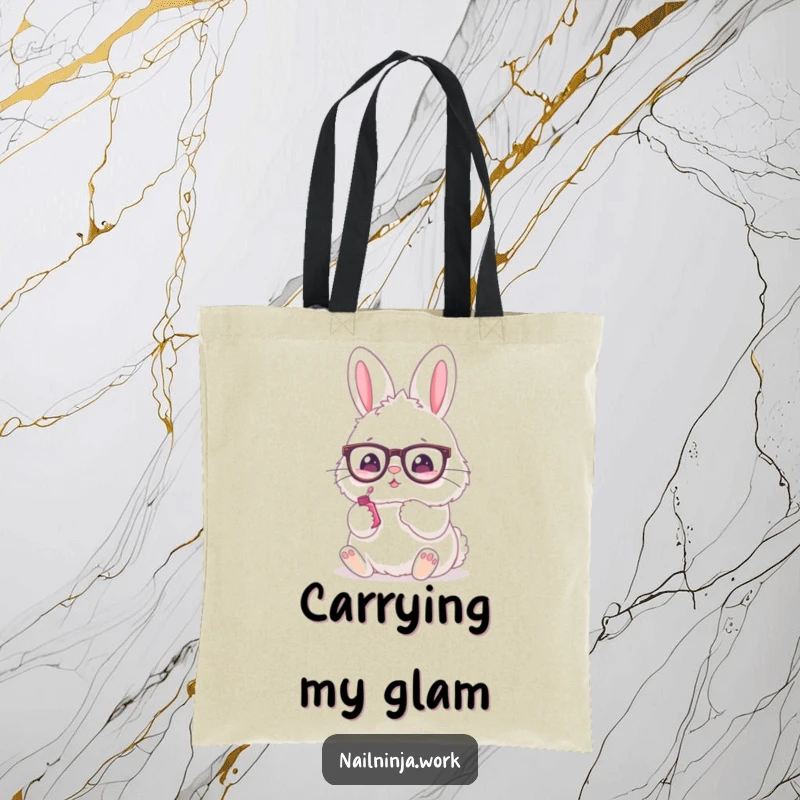 Funny tote bag showcasing a fluffy bunny wearing spectacles and painting its nails with a paw.