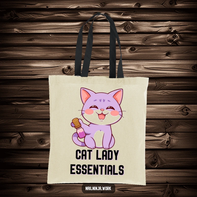 Funny giggling purple cat holding nail polish bottle, on a tote bag for carrying essentials.