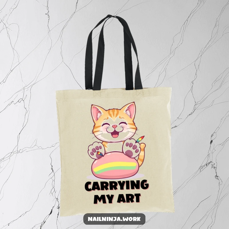 Funny tote bag featuring a cheerful cat with big paws painting stripes on a large nail.