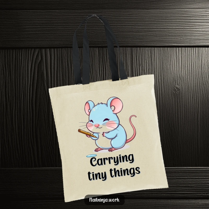 Funny blushing blue mouse meticulously painting a minuscule claw with a delicate stroke, on a tote bag.